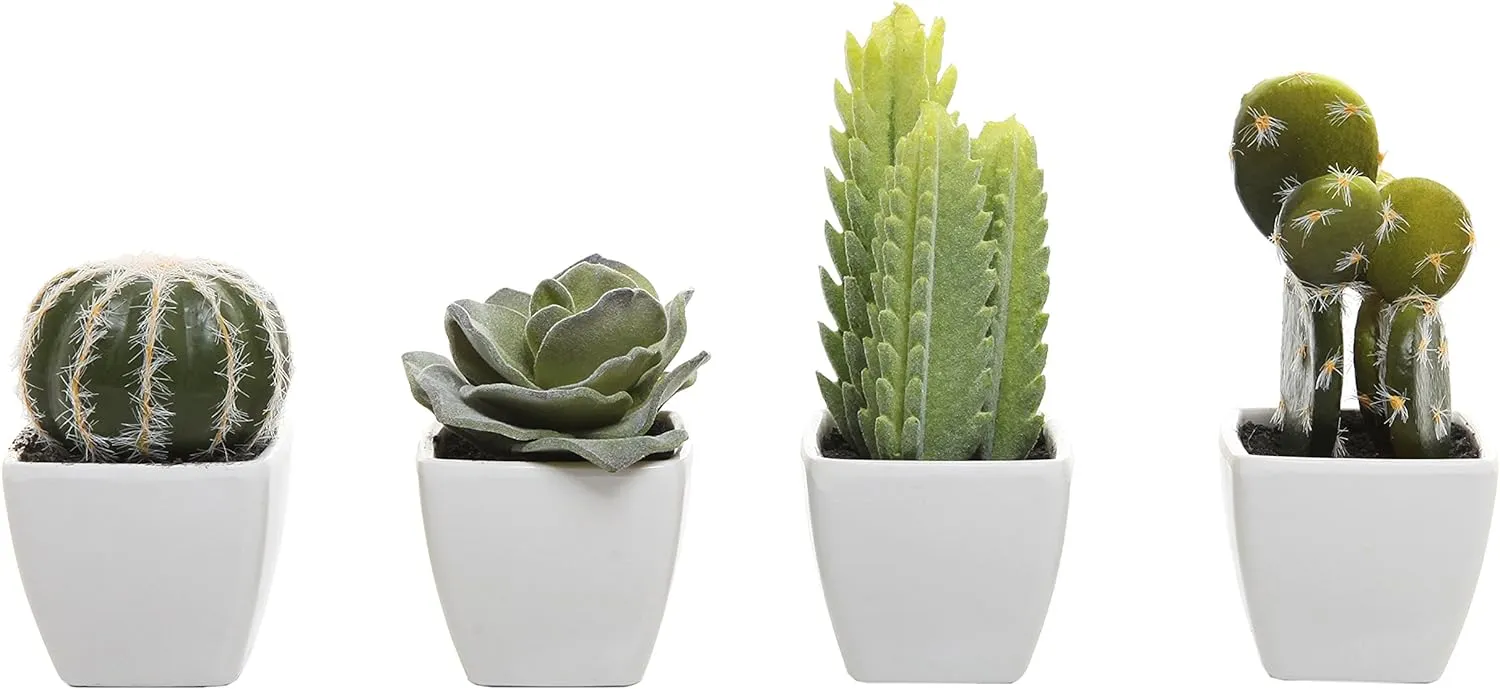 MyGift Set of 4 Assorted Miniature Artificial Succulent & Cactus Plants in White Cube-Shaped Pots