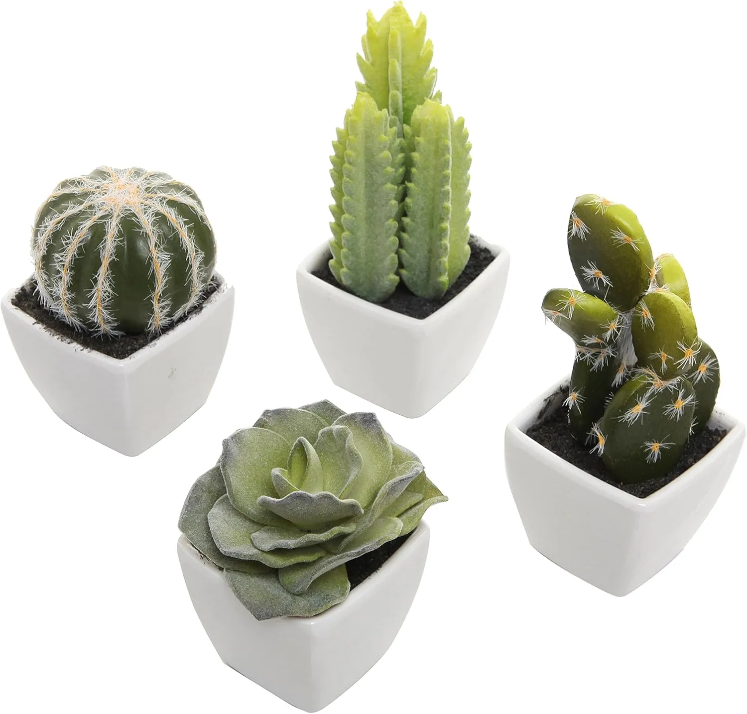 MyGift Set of 4 Assorted Miniature Artificial Succulent & Cactus Plants in White Cube-Shaped Pots