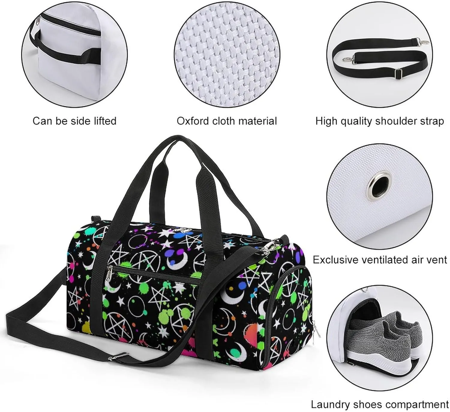 Mystical Esoteric Pattern Moon Magic Sports Tote Gym Bag for Women Men, Overnight Bag with Shoe Compartment Water Resistant