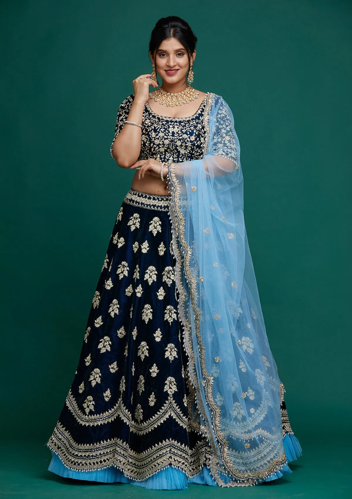 Navy Blue Zardosi Velvet Readymade Lehenga