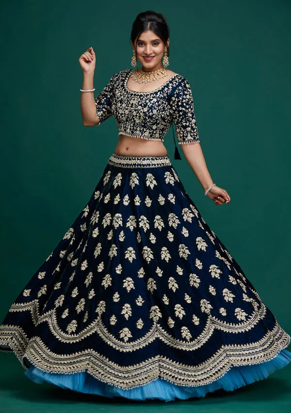 Navy Blue Zardosi Velvet Readymade Lehenga