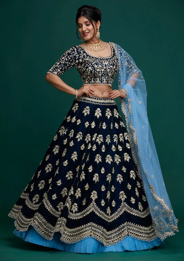 Navy Blue Zardosi Velvet Readymade Lehenga
