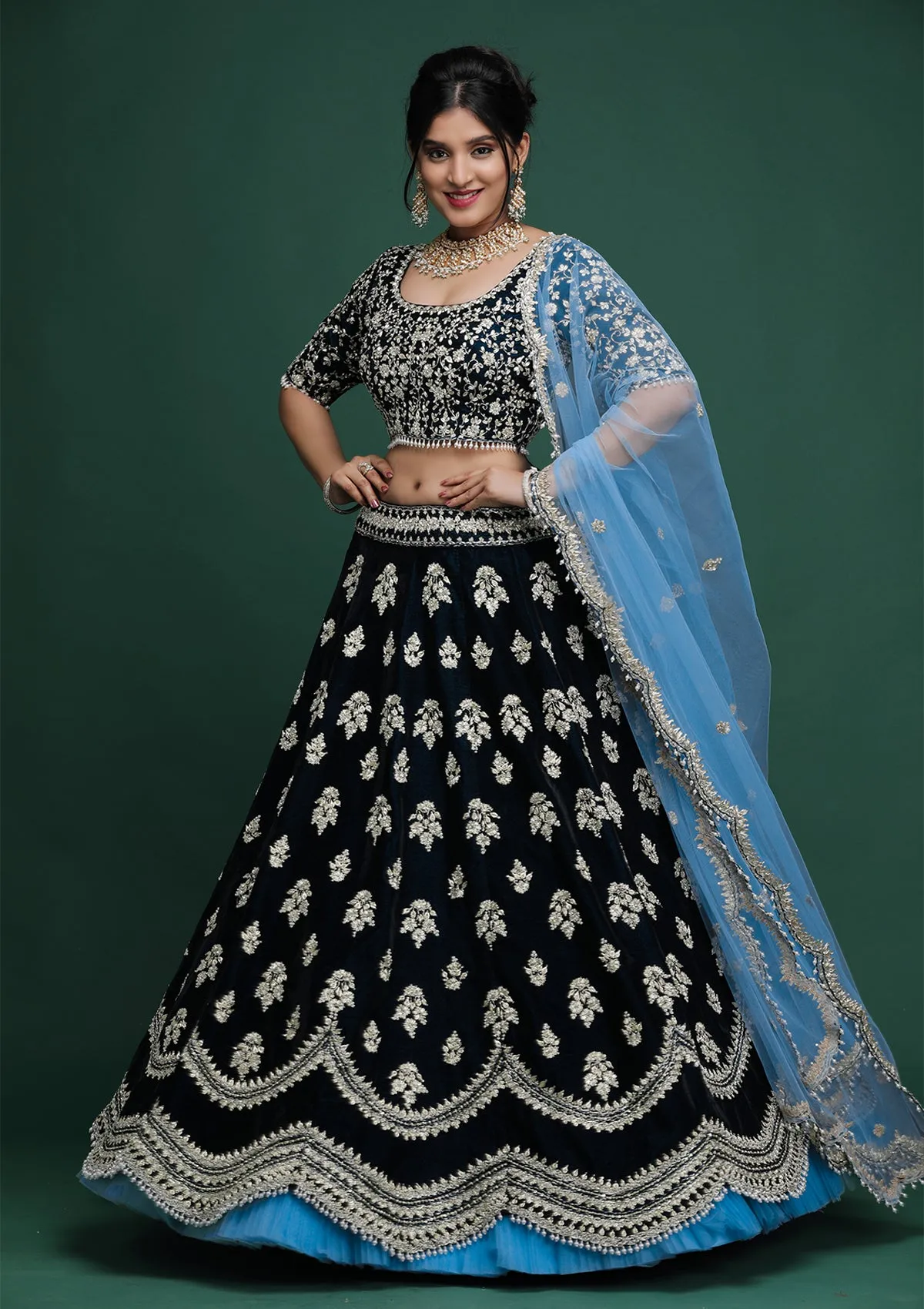 Navy Blue Zardosi Velvet Readymade Lehenga
