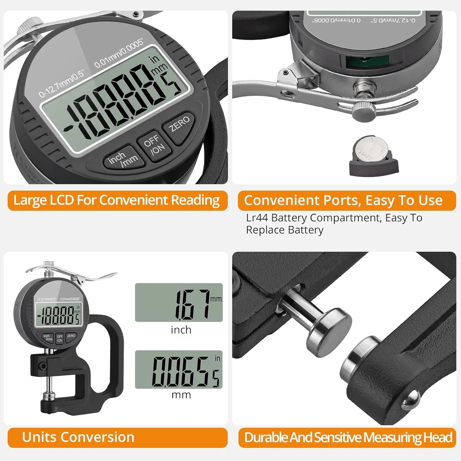 Neoteck Digital Thickness Gauge 0.5 inch/12.7mm, 0.0005"/0.01mm, Thickness Meter Precise Electronic Micrometer with LCD Display