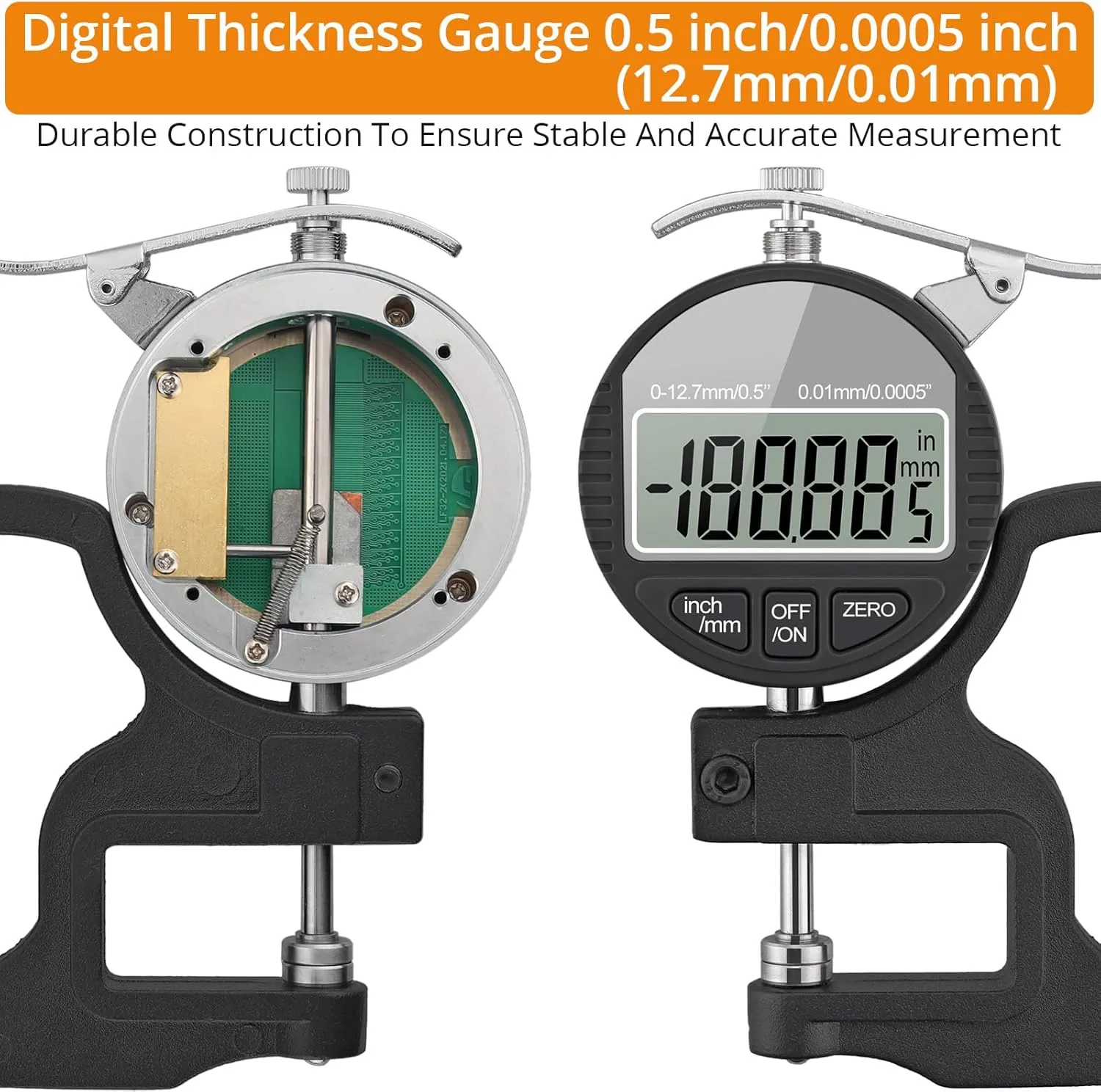 Neoteck Digital Thickness Gauge 0.5 inch/12.7mm, 0.0005"/0.01mm, Thickness Meter Precise Electronic Micrometer with LCD Display
