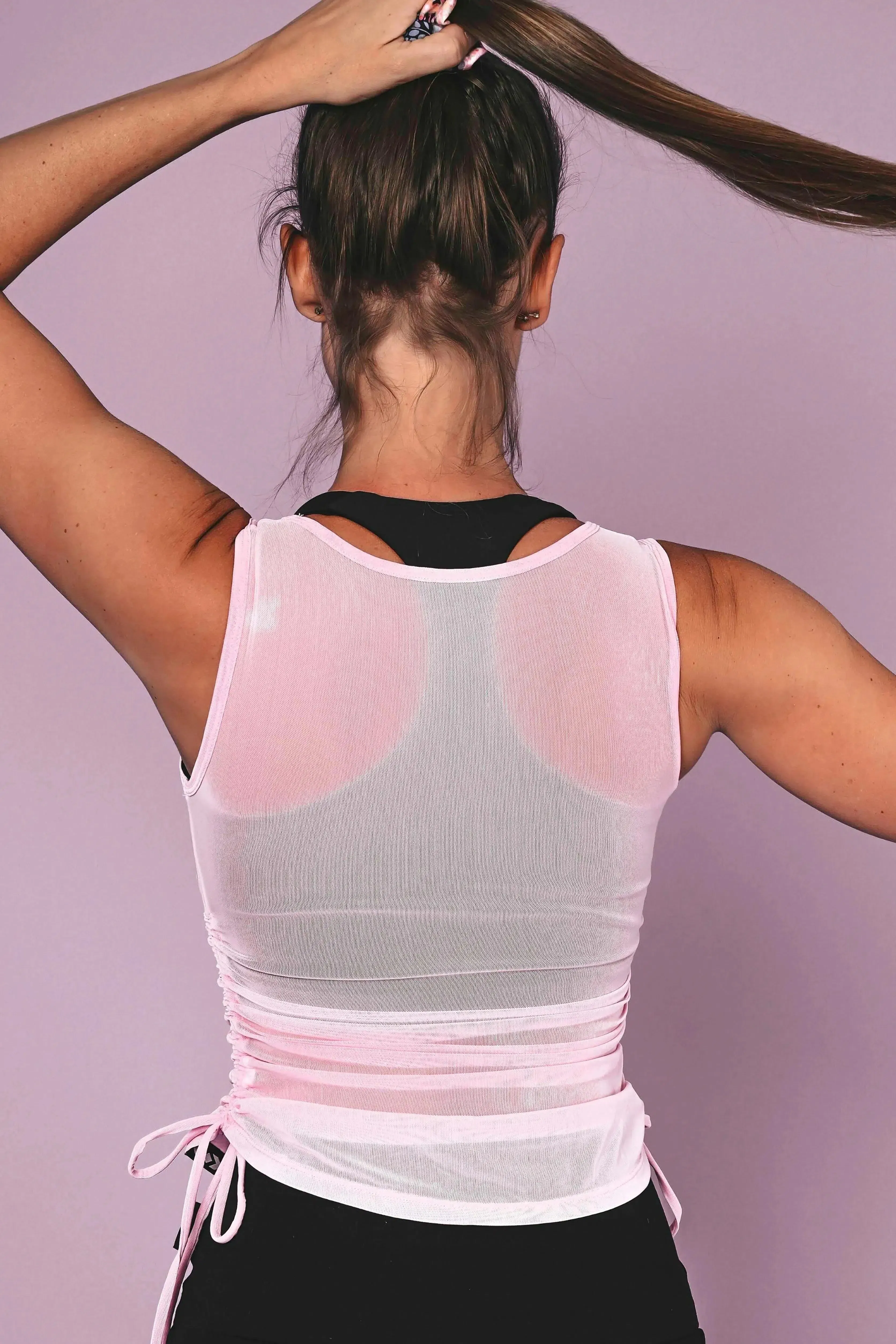 Net Cinched Side Fitted V Neck Tank - Pastel Pink