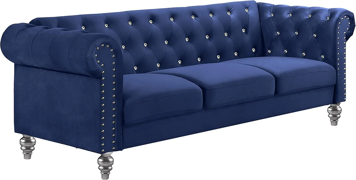 New Classic Furniture Glam Emma Velvet Three Seater Chesterfield Style Sofa for Small Spaces with Crystal Button Tufts, Royal Blue