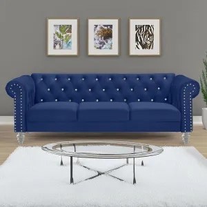 New Classic Furniture Glam Emma Velvet Three Seater Chesterfield Style Sofa for Small Spaces with Crystal Button Tufts, Royal Blue