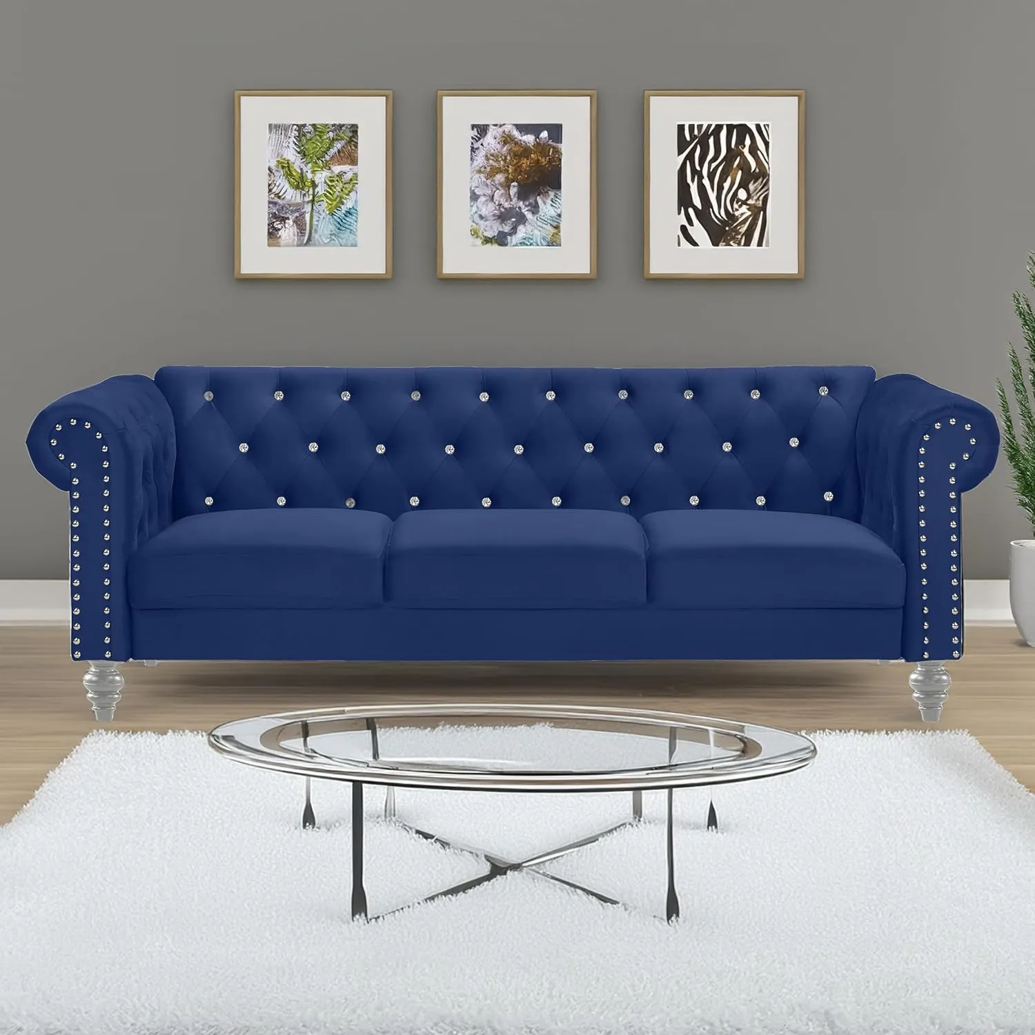 New Classic Furniture Glam Emma Velvet Three Seater Chesterfield Style Sofa for Small Spaces with Crystal Button Tufts, Royal Blue