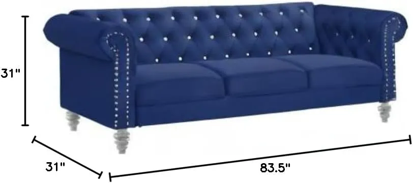 New Classic Furniture Glam Emma Velvet Three Seater Chesterfield Style Sofa for Small Spaces with Crystal Button Tufts, Royal Blue