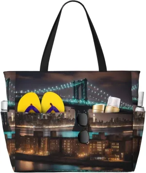 New York Manhattan Bridge Night Print Large Capacity Beach Travel Bag with Zipper and Pockets for Camping Travel Gym
