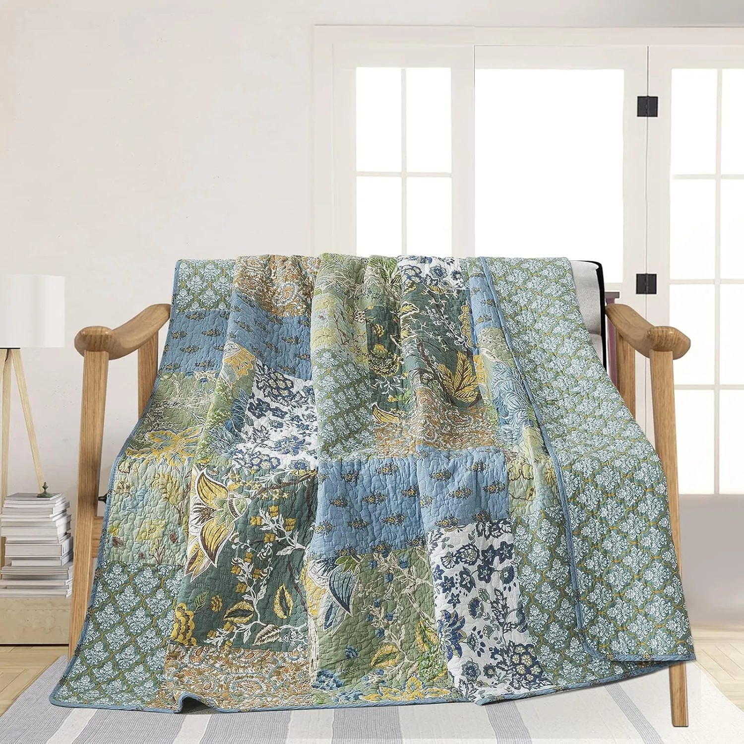 NEWLAKE Cotton Quilted Throw Blanket for Bed Couch Sofa, Reversible Matelasse Blanket with Real Stitched Embroidery,Green Farmhouse Garden,60X78 Inch