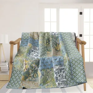 NEWLAKE Cotton Quilted Throw Blanket for Bed Couch Sofa, Reversible Matelasse Blanket with Real Stitched Embroidery,Green Farmhouse Garden,60X78 Inch