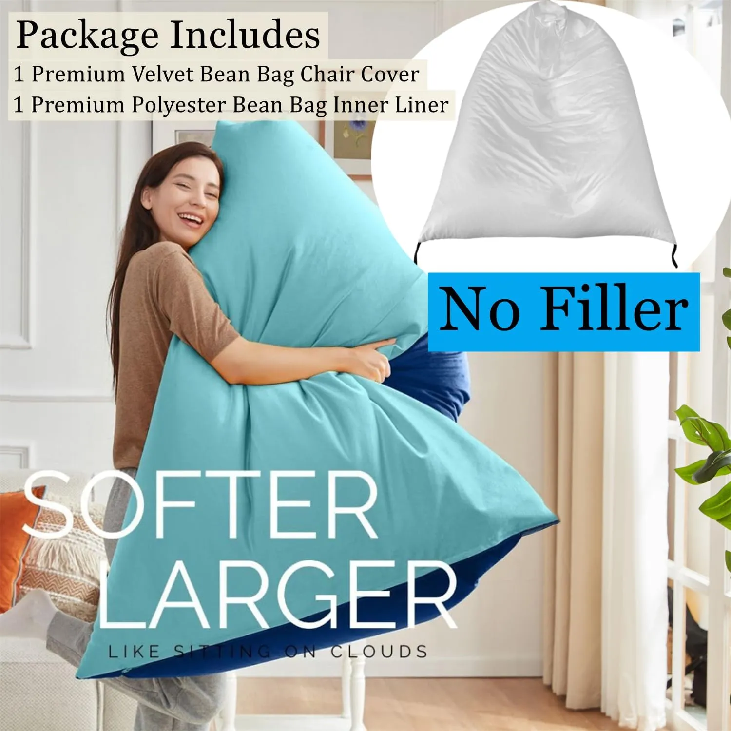 Nobildonna Bean Bag Chair Cover with Bean Bag Inner Liner Cover (No Filler), 400L Extra Large Triangular Removable and Clean Beanbag Chair Cover Ultra Soft Lazy Sofa Premium Velvet Cover (Cyan Blue)