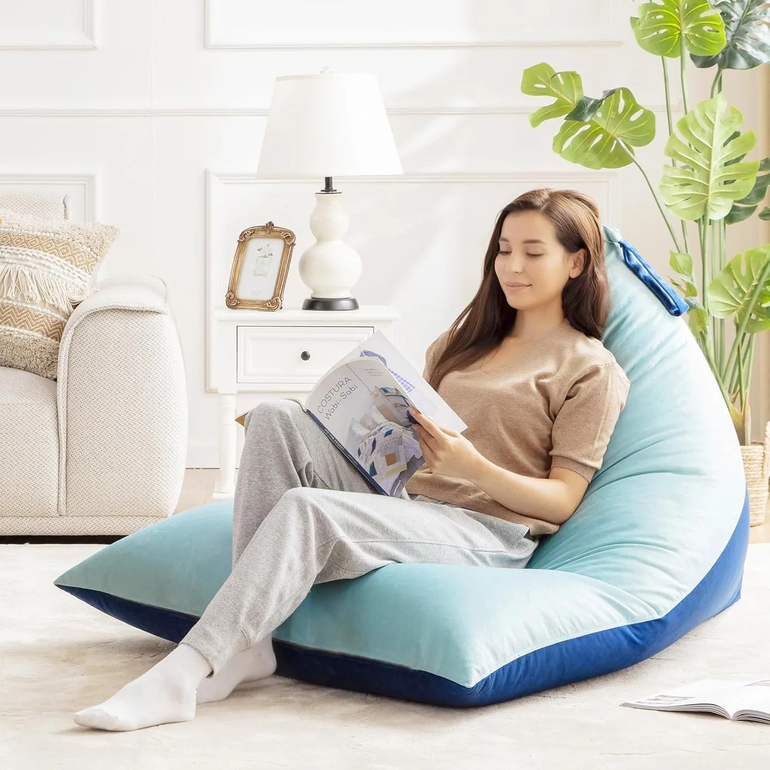 Nobildonna Bean Bag Chair Cover with Bean Bag Inner Liner Cover (No Filler), 400L Extra Large Triangular Removable and Clean Beanbag Chair Cover Ultra Soft Lazy Sofa Premium Velvet Cover (Cyan Blue)