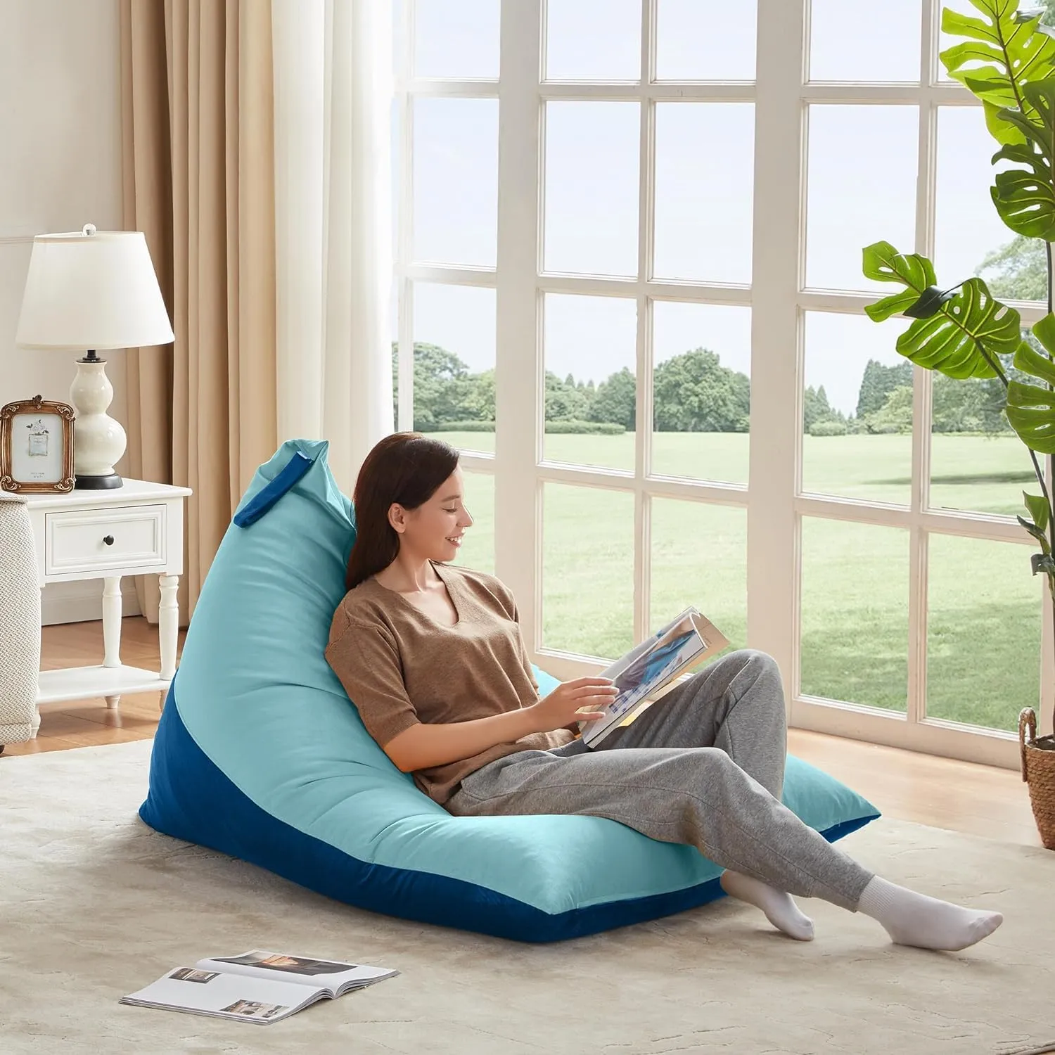 Nobildonna Bean Bag Chair Cover with Bean Bag Inner Liner Cover (No Filler), 400L Extra Large Triangular Removable and Clean Beanbag Chair Cover Ultra Soft Lazy Sofa Premium Velvet Cover (Cyan Blue)