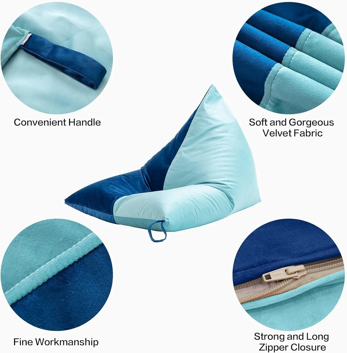 Nobildonna Bean Bag Chair Cover with Bean Bag Inner Liner Cover (No Filler), 400L Extra Large Triangular Removable and Clean Beanbag Chair Cover Ultra Soft Lazy Sofa Premium Velvet Cover (Cyan Blue)