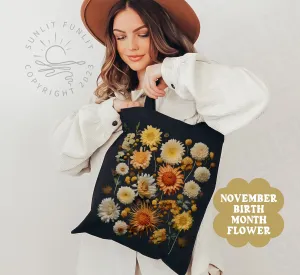 November Birth Flower Gift Canvas Tote Bag, Birth Month Flower Bundle