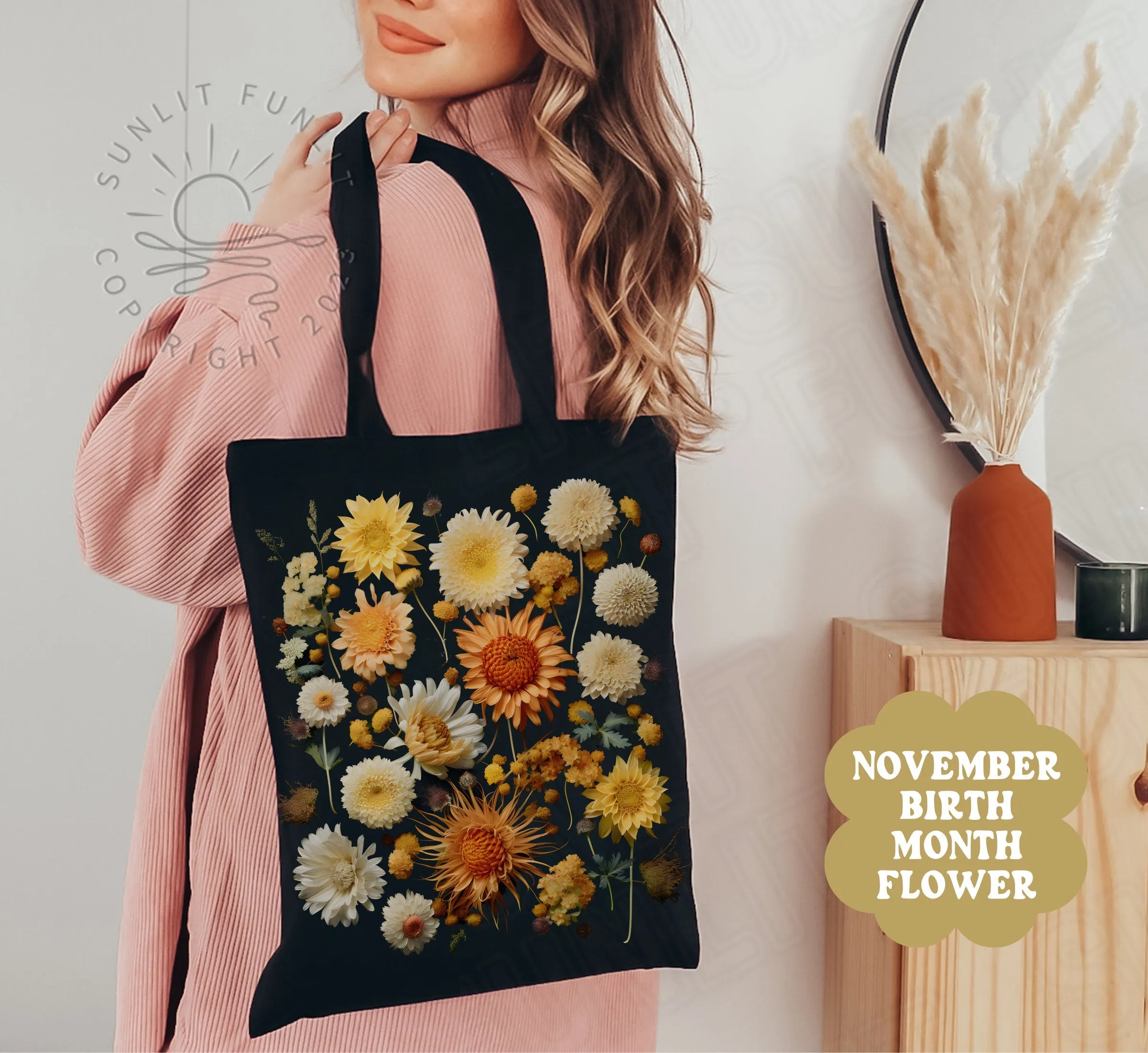 November Birth Flower Gift Canvas Tote Bag, Birth Month Flower Bundle