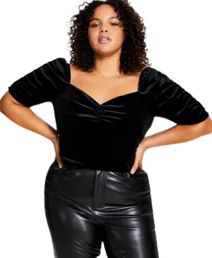 Now This Trendy Plus Size Puff Sleeve Velvet Top Black 1X