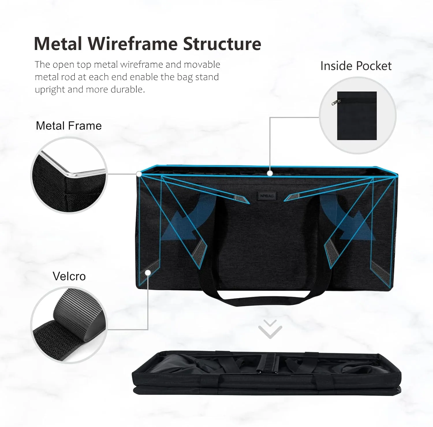 NPBAG Extra Large Utility Tote with Wireframe, Oversized Collapsible Reusable Grocery Shopping Bag, Standable Waterproof Pool Beach Bag, Basket for Storage
