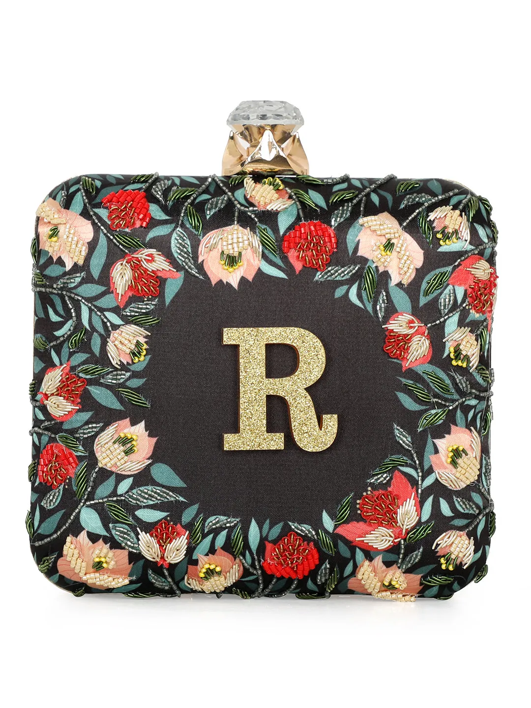 NR By Nidhi Rathi Black & Red Embellished Box Clutch