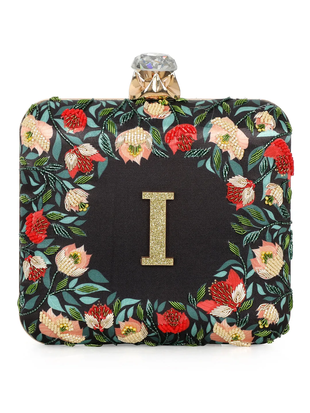 NR By Nidhi Rathi Black & Red Embellished Box Clutch