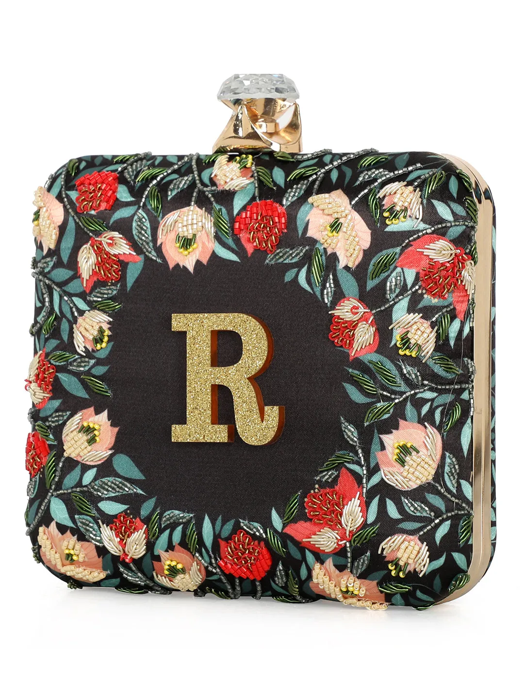 NR By Nidhi Rathi Black & Red Embellished Box Clutch