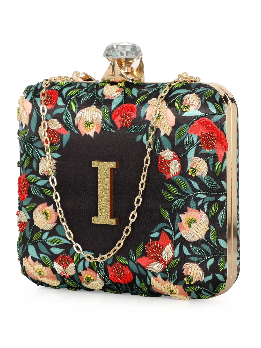 NR By Nidhi Rathi Black & Red Embellished Box Clutch
