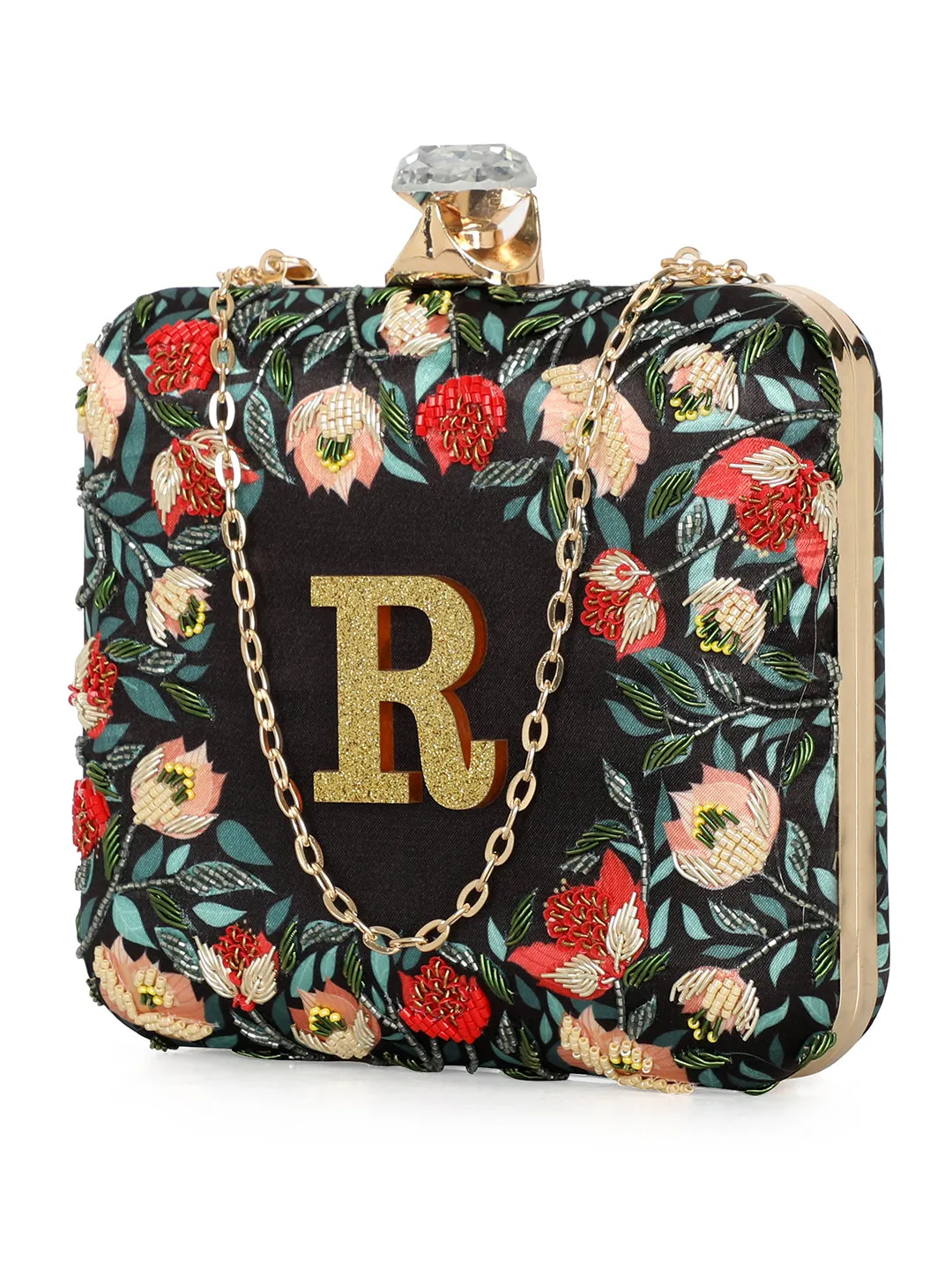 NR By Nidhi Rathi Black & Red Embellished Box Clutch