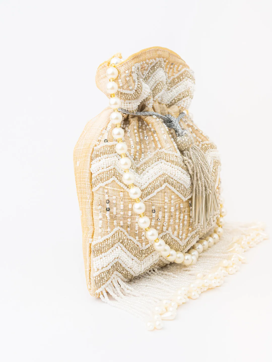NR By Nidhi Rathi Cream-Coloured Gold-Toned Embellished Potli Clutch