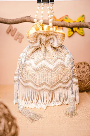 NR By Nidhi Rathi Cream-Coloured Gold-Toned Embellished Potli Clutch