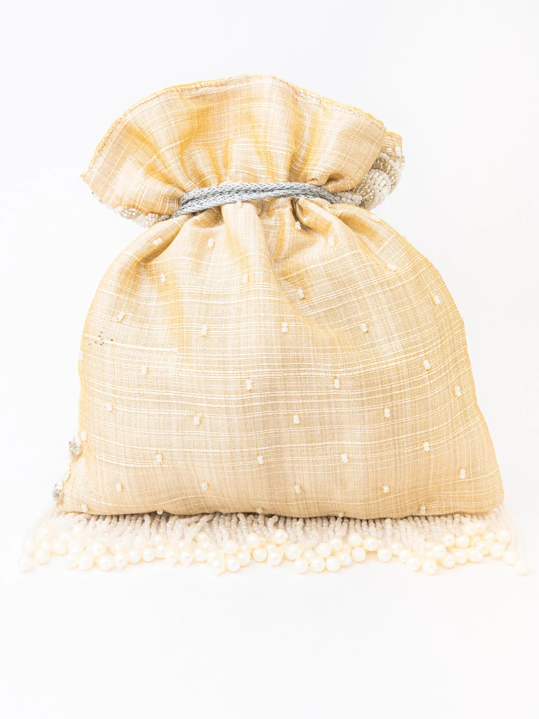 NR By Nidhi Rathi Cream-Coloured Gold-Toned Embellished Potli Clutch