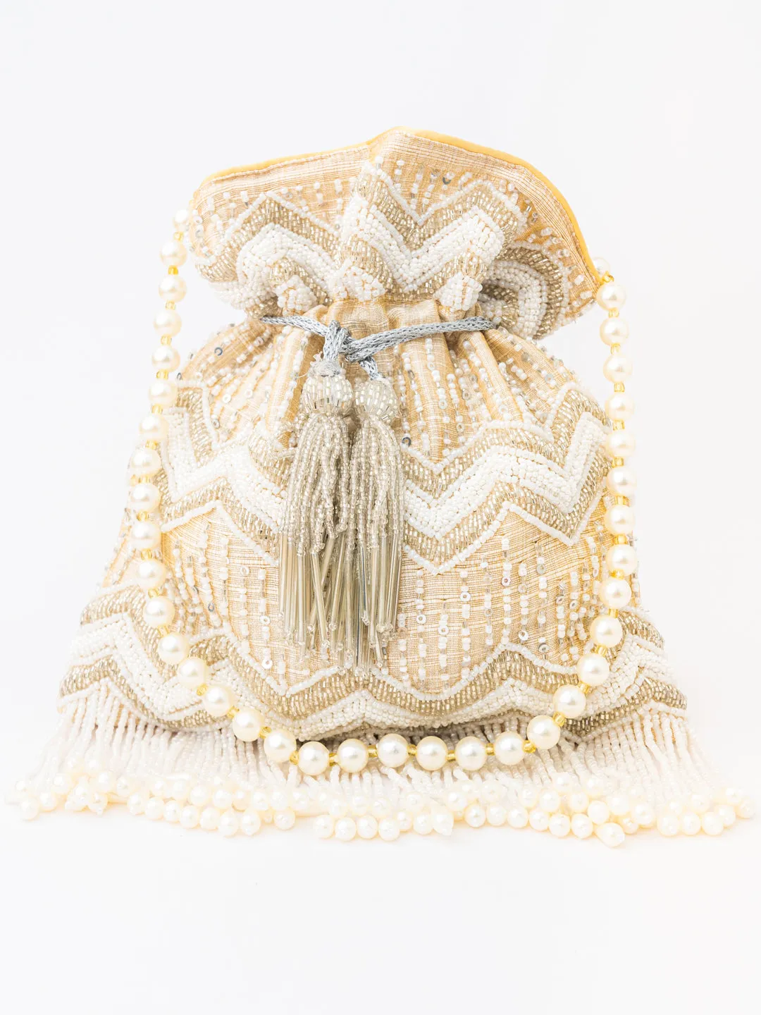 NR By Nidhi Rathi Cream-Coloured Gold-Toned Embellished Potli Clutch