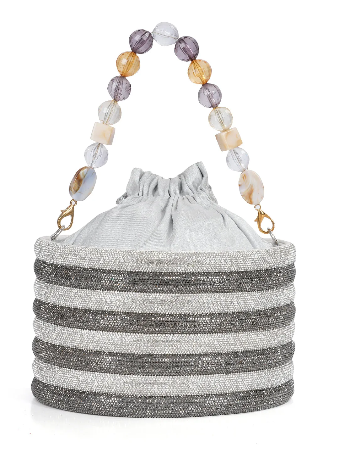 NR Swarovski Studded Silver Bucket Bag