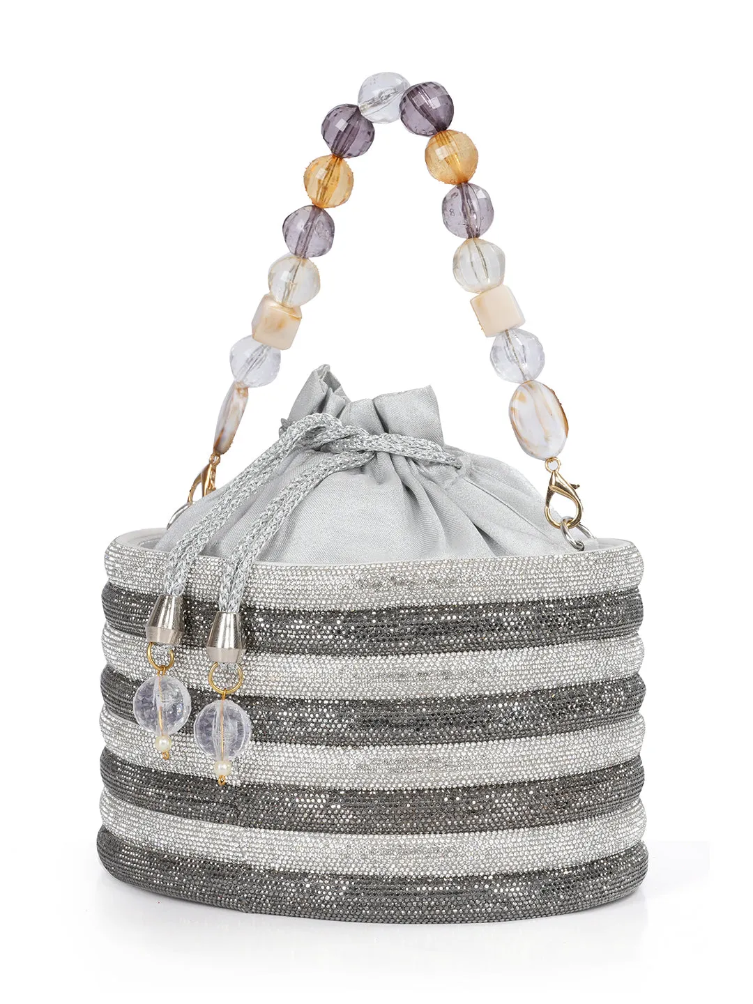 NR Swarovski Studded Silver Bucket Bag
