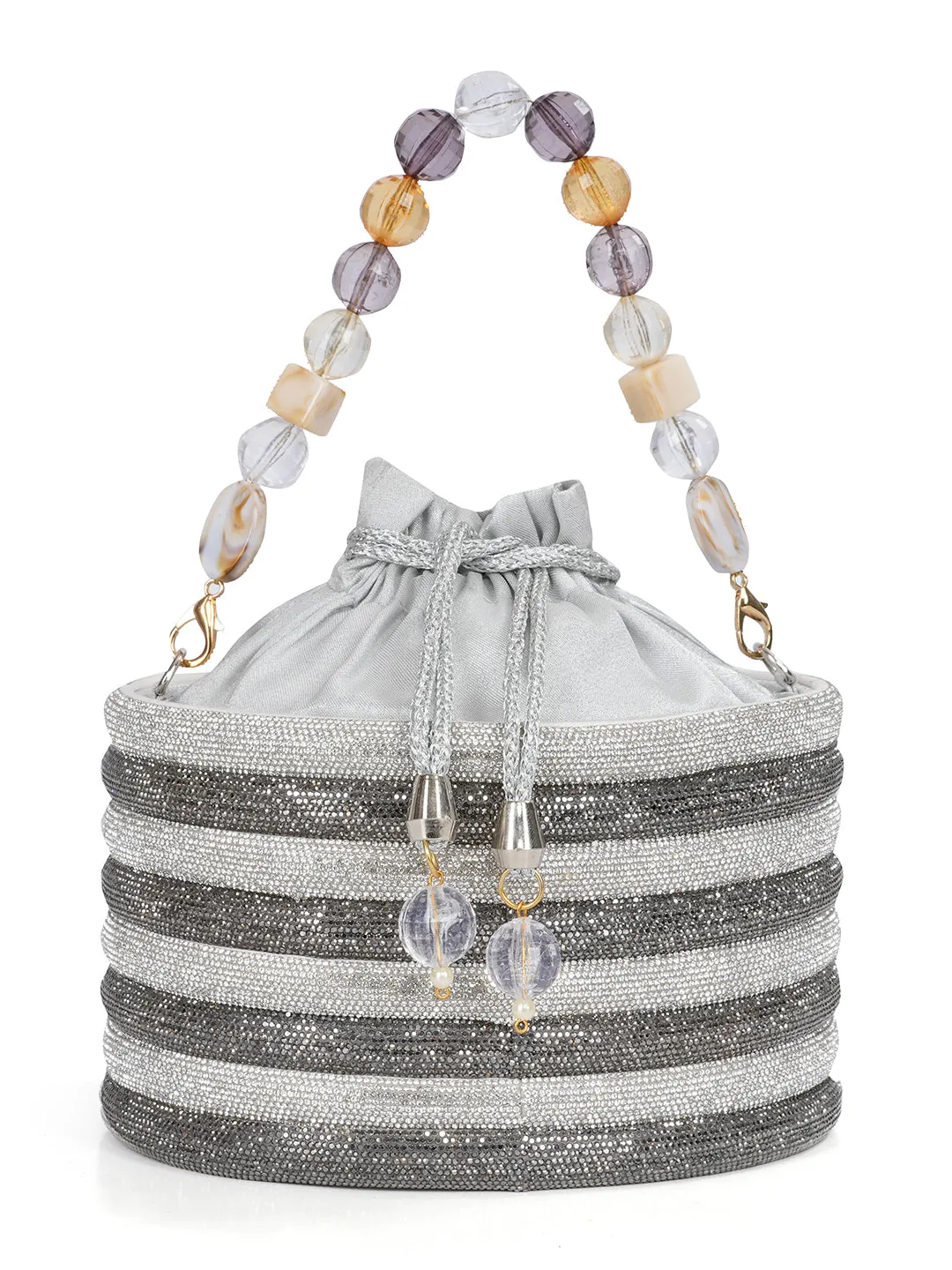 NR Swarovski Studded Silver Bucket Bag