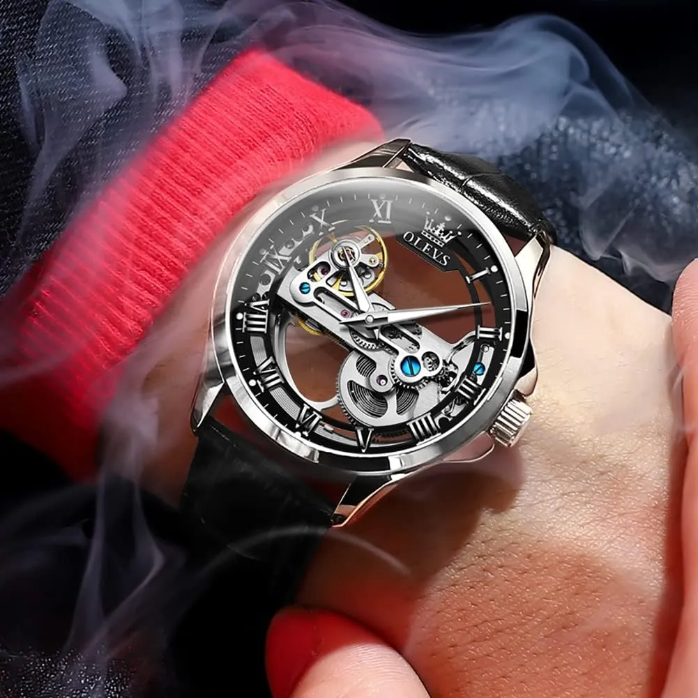 OLEVS Skeleton Watches for Men Automatic Self Winding Mechanical Luxury Dress Leather Waterproof Luminous Men Wrist Watch
