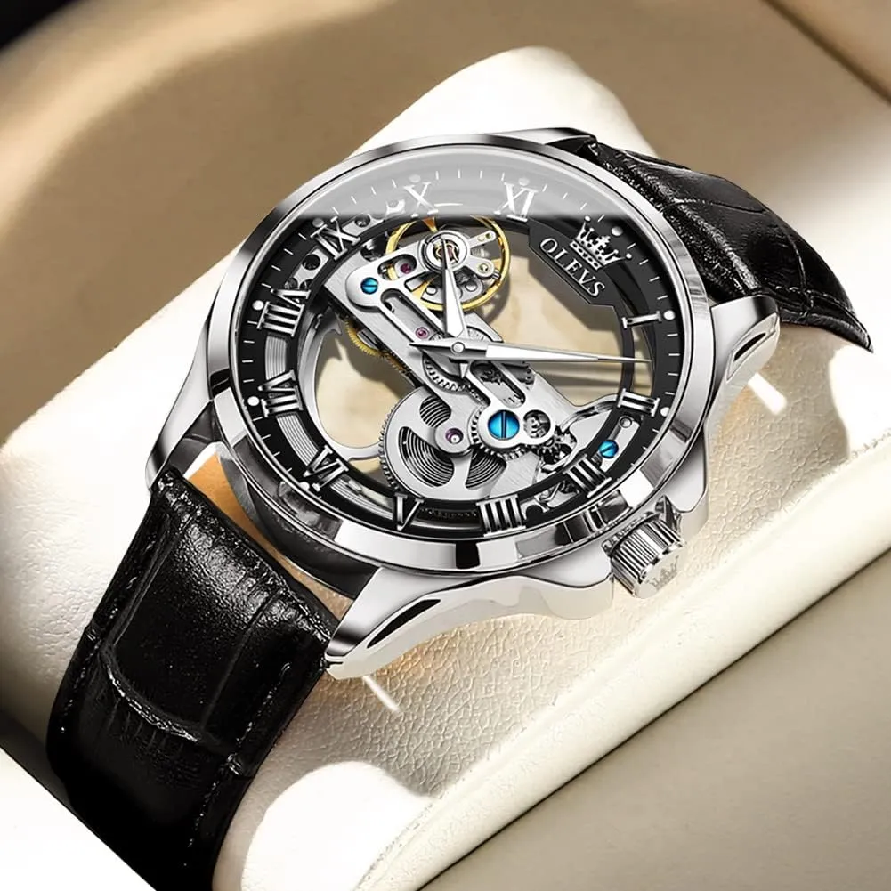 OLEVS Skeleton Watches for Men Automatic Self Winding Mechanical Luxury Dress Leather Waterproof Luminous Men Wrist Watch