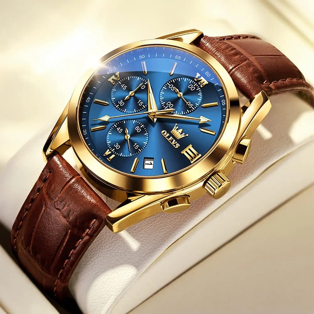 OLEVS Watches for Men Brown Leather Gold Case Analog Quartz Fashion Business Dress Watch Day Date Luminous Waterproof Casual Male Wrist Watches