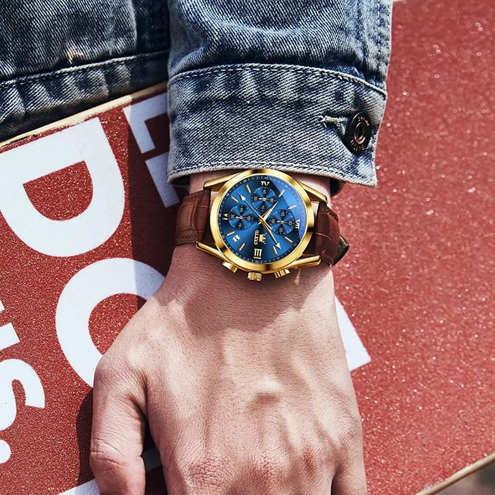 OLEVS Watches for Men Brown Leather Gold Case Analog Quartz Fashion Business Dress Watch Day Date Luminous Waterproof Casual Male Wrist Watches