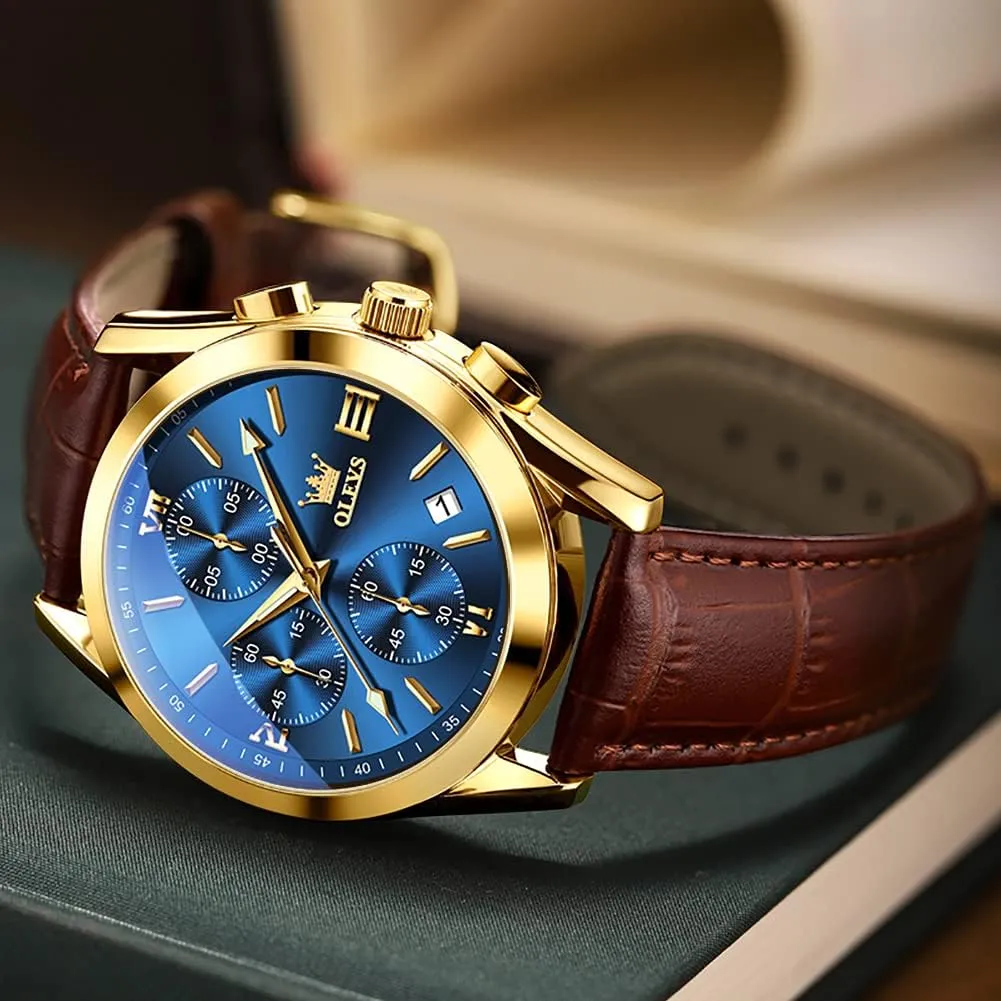 OLEVS Watches for Men Brown Leather Gold Case Analog Quartz Fashion Business Dress Watch Day Date Luminous Waterproof Casual Male Wrist Watches
