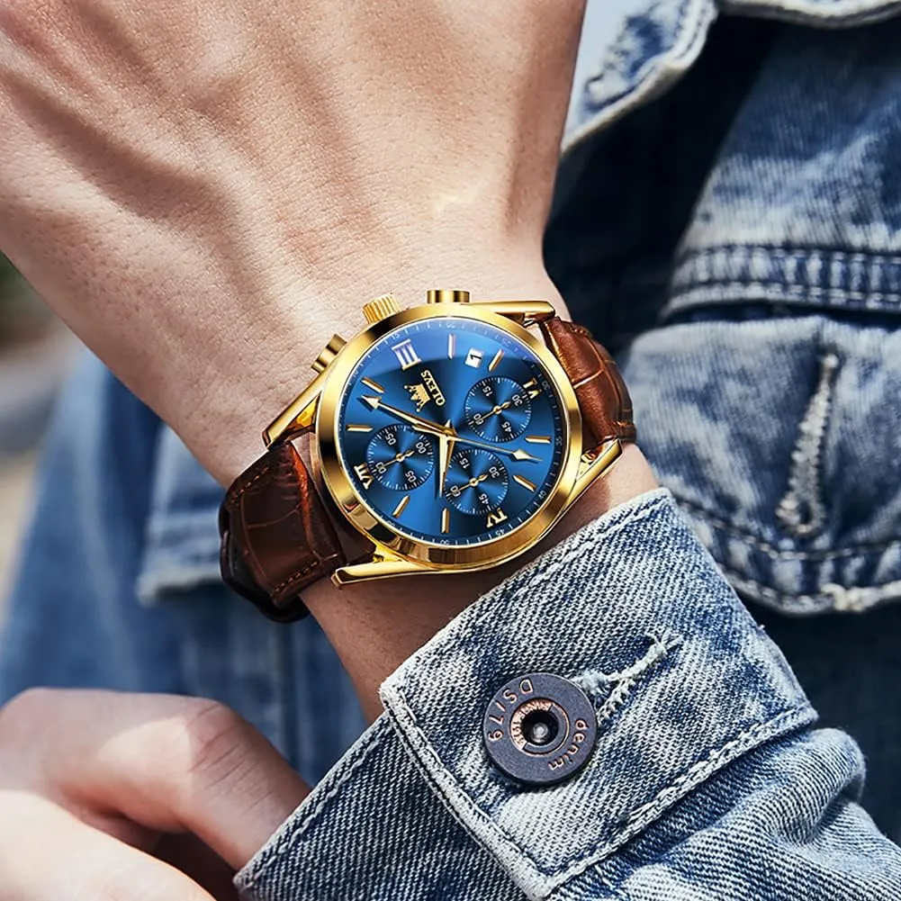 OLEVS Watches for Men Brown Leather Gold Case Analog Quartz Fashion Business Dress Watch Day Date Luminous Waterproof Casual Male Wrist Watches