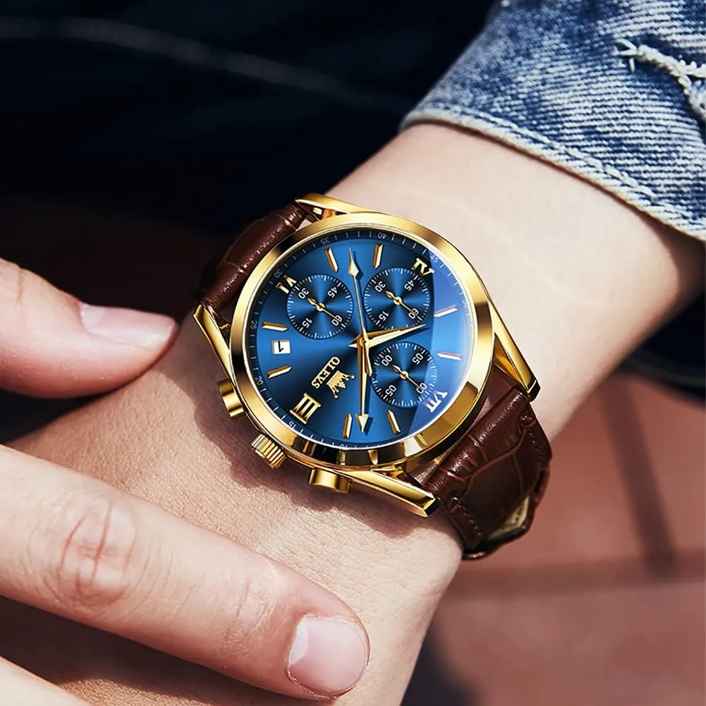 OLEVS Watches for Men Brown Leather Gold Case Analog Quartz Fashion Business Dress Watch Day Date Luminous Waterproof Casual Male Wrist Watches