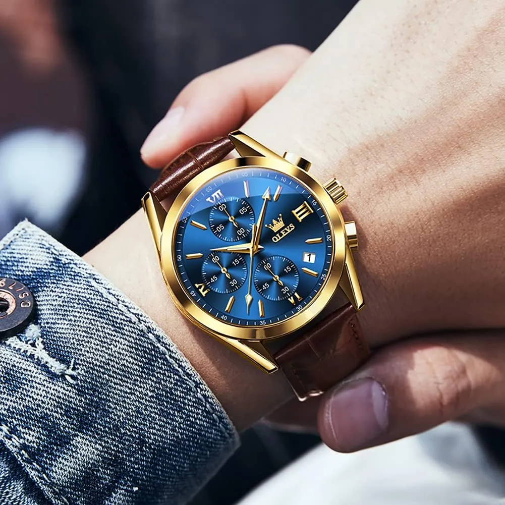 OLEVS Watches for Men Brown Leather Gold Case Analog Quartz Fashion Business Dress Watch Day Date Luminous Waterproof Casual Male Wrist Watches