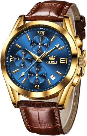 OLEVS Watches for Men Brown Leather Gold Case Analog Quartz Fashion Business Dress Watch Day Date Luminous Waterproof Casual Male Wrist Watches