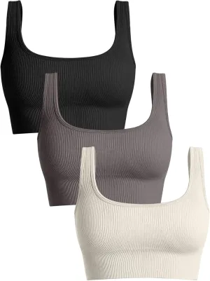 OQQ Women's 3 Piece Medium Support Tank Top Ribbed Seamless Removable Cups Workout Exercise Sport Bra