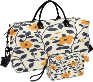 Orange Flower Branch Ivory Sports Gym Bag for Women Men Travel Duffel Bag Weekend Overnight Carry on Bag with Toiletry Bag for Plane Swimming Yoga