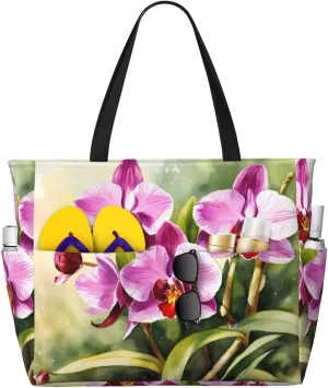 Orchid Print Stylish Beach Tote Bag,Large Capacity Handbag,Perfect For Women'S Vacation And Daily Use