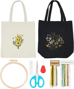 ORIGACH 2 Packs DIY Canvas Tote Bag Embroidery Kit with Daisy Pattern, Canvas Tote Bag Cross Stitch Set for Adults, Complete Embroidery Accessories Kit with Instruction for Adults